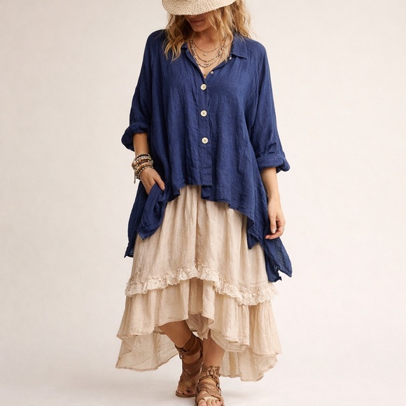 West Love 100% Linen Tunic Top Lagenlook Oversized Artisan Handcrafted